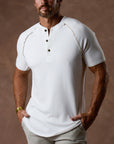 Man modeling a white Short Sleeve Henley