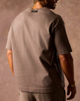 male modeling taupe boxy tee