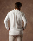 male modeling white shacket