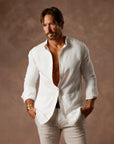 male modeling white shacket