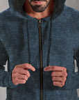 male modeling blue mineral zip hoodie
