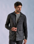 Male modeling dark mineral shacket