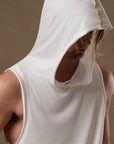 male modeling white hooded tree tank