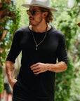 Male modeling black crew neck shirt