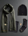 Green scarf, black beanie, and socks gift set
