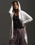Woman modeling white aion duster