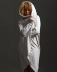 Woman modeling white aion duster