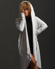 Woman modeling white aion duster