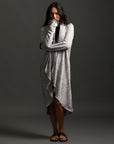 Woman modeling mineral grey aion duster