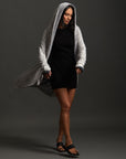 Woman modeling mineral grey aion duster