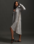 Woman modeling mineral grey aion duster