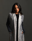 Woman modeling mineral grey aion duster
