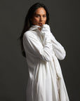 Woman modeling white aion duster
