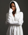Woman modeling white aion duster