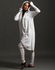 Woman modeling white aion duster
