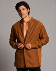 Male modeling Shacket in Whiskey Haze