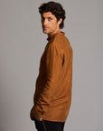 Male modeling Shacket in Whiskey Haze
