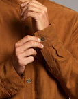 Male modeling Shacket in Whiskey Haze