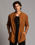 Male modeling Shacket in Whiskey Haze