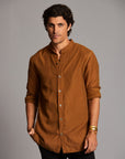 Male modeling Shacket in Whiskey Haze