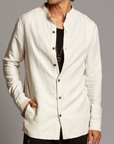 male modeling white shacket