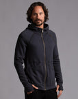 Male modeling dark blue zip tree hoodie
