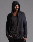 Male modeling dark blue zip tree hoodie