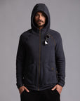 Male modeling dark blue zip tree hoodie