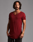 Male modeling Merlot Red colored V Neck Tree Shirt