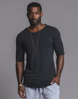 Male modeling slate crew neck shirt