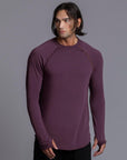 Male modeling purple long sleeve raglan