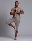 Male modeling Deep Clay gray yogo mid shorts