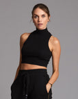 Woman modeling high neck crop in Black