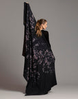 Woman modeling purple Benzova pattern nature wrap