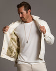 Male modeling white axis jacket