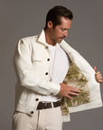 Male modeling white axis jacket