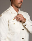 Male modeling white axis jacket