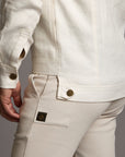 Male modeling white axis jacket