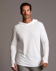 Man modeling white long-sleeve hooded tee