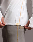 Man modeling white long-sleeve hooded tee