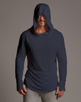 Man modeling blue long-sleeve hooded tee