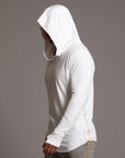 Man modeling white long-sleeve hooded tee