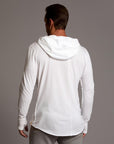 Man modeling white long-sleeve hooded tee