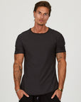 Male modeling slate crew neck shirt