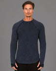 Male modeling dark blue mineral wash long sleeve raglan