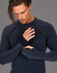 Male modeling dark blue long sleeve raglan