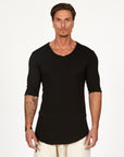 Male modeling black v neck shirt
