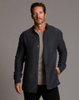 Male modeling Shacket in Charcoal Blue