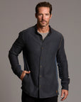 Male modeling Shacket in Charcoal Blue