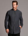 Male modeling Shacket in Charcoal Blue